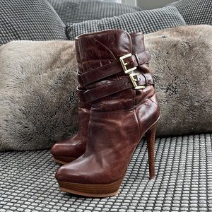 Size 7.5 Michael Kors Stacked heel fur lined tobacco leather boots